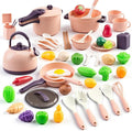 56Pcs Mini Play Kitchen Accessories for Kids, Pretend Cooking Playset with Cookware, Tableware & 2 Fruit Sets, Learning Gift for Girls, Boys, Toddlers, Pink