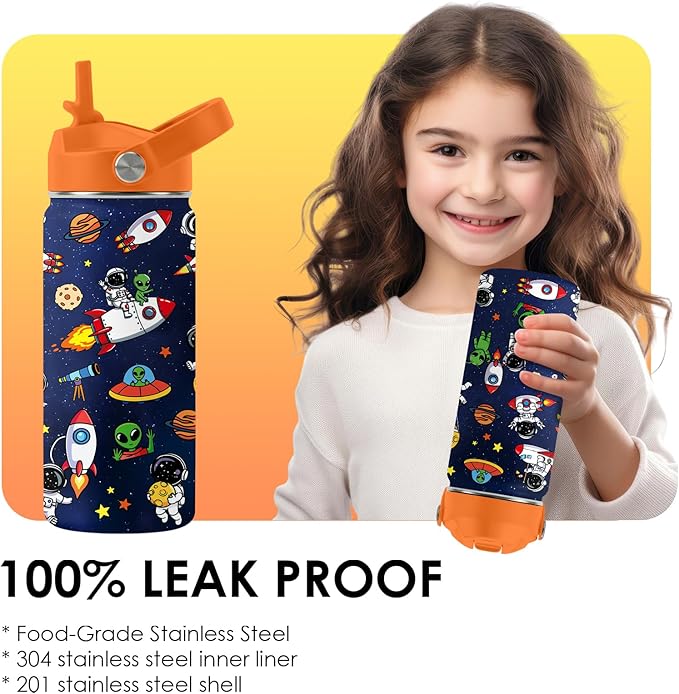 Space Astronomy Gifts for Kids - 16 Oz Kids Water Bottle with Straw Lid, Stainless Steel Insulated Tumbler, Leak Proof, BPA-Free, for Boys, School, Travel - Universe Children Birthday Gifts Cups(1pc)