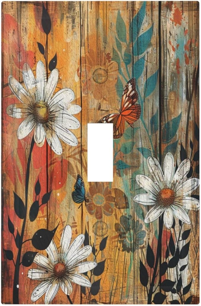 Light Switch Cover Plate Vintage Wooden Daisies Butterflies Floral 1 Gang Single Toggle Decorative Switch Plates Wall Plates Electrical Faceplate for Bathroom Farmhouse Decor