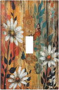 Light Switch Cover Plate Vintage Wooden Daisies Butterflies Floral 1 Gang Single Toggle Decorative Switch Plates Wall Plates Electrical Faceplate for Bathroom Farmhouse Decor