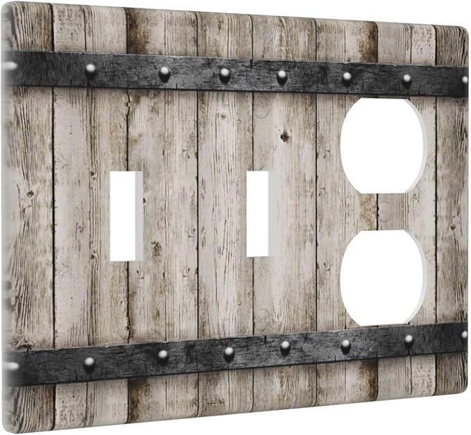 Vintage Retro Western Barn Cabin Door Wood 3-Gang Combination Wall Plate 2 Toggle 1 Duplex Receptacle Outlet Cover Kitchen Country Farmhouse Style Decorative Combo Device Light Switch Faceplate Cover