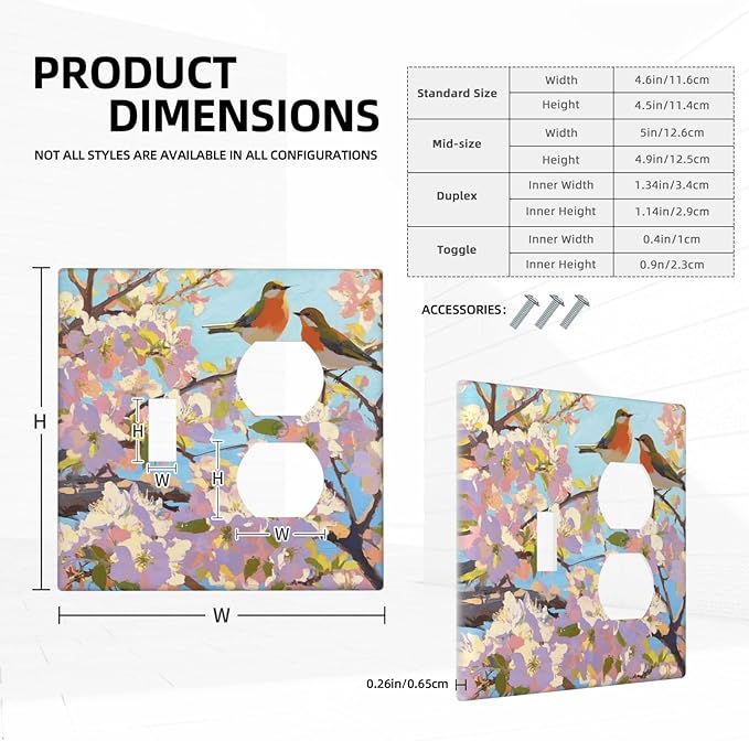 Bird Flower Single Toggle Duplex Combo Outlet Wall Plate Decorative 2 Gang Light Switch Covers Electrical Switchplate Home Decorate Faceplat for Bathroom Bedroom Kitchen Room 4.5 x 4.5 Inch