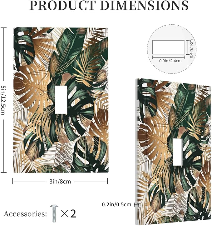 Green Tropical Leaves Gold Palm Leaf Botanical 1 Gang Light Switch Covers Decorative Unique Single Toggle Wall Plate Switchcover Electrical Switchplate for Kitchen Bathroom Bedroom Decor