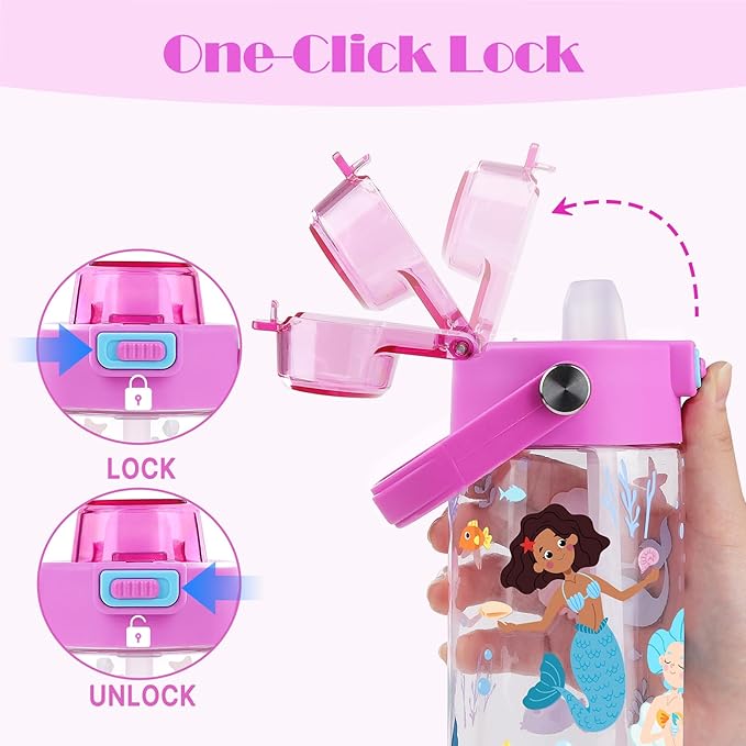 Queenshin Girls Mermaid Water Bottle for School 20oz BPA-Free Tritan Outdoor Kids Sports Leak Proof Water Cup with Straw Lid Handle Pop-Up Spout Cover