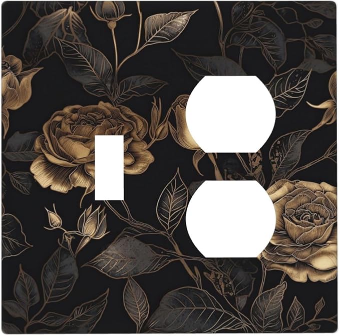 Black Floral Dark Vintage Gold Rose Flower Wallplates 1 Toggle 1 Duplex Switch Plate Electrical GFCI Faceplate Decorative Light Switch Covers for Bedroom Living Room Decor