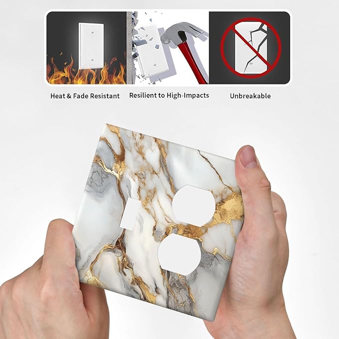 Light Switch Cover Plate White Gold Abstract Luxury Marble Patterns 2 Gang Outlet Covers 1 Toggle 1 Duplex Socket Cover Wallplates Electrical Switch Plate Covers for Bathroom Home Decor