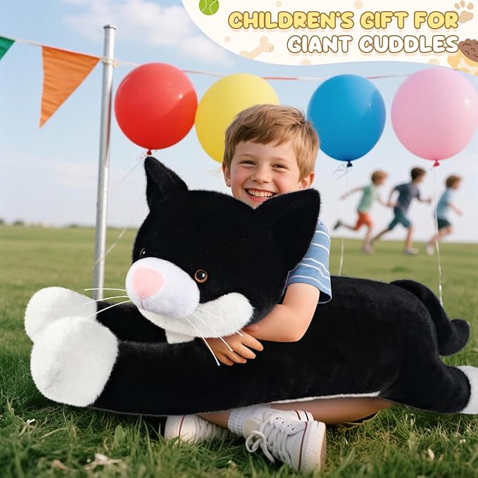 SuzziPals 43 inch Black and White Cat Stuffed Animal, Lifelike Tuxedo Cat Plush Toy for Stress Relief & Companion, Extra Soft Giant Stuffed Animals, Giant Plushies Gifts for Kids Adults