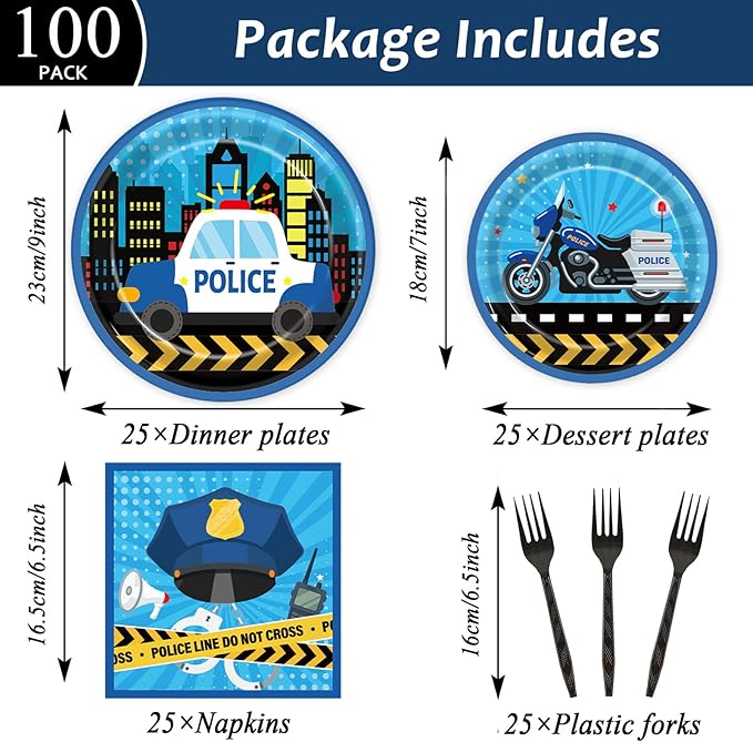 100 Pcs Police Party Plates and Napkins Party Supplies Police Birthday Party Tableware Set Police Officer and Car Party Decorations Favors for Police Theme Party Serves 25