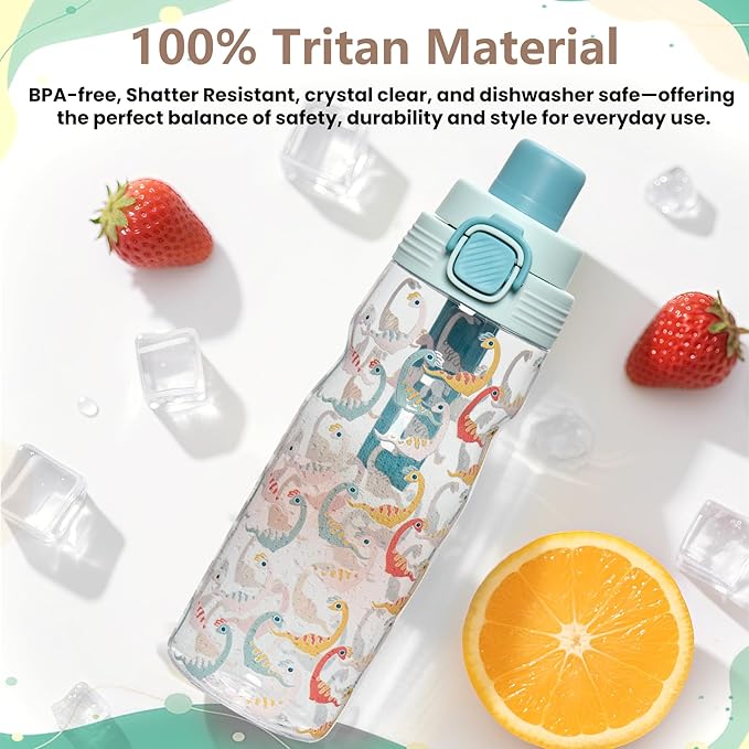 PIQUEBAR Kids insulated Water Bottle 17oz & Sport Water Bottle 24oz Set, Stainless Steel Metal Vacuum Water Bottles, Leakproof Tritan Sport Water Bottles for School Boys Girls, Blue Dinosaur