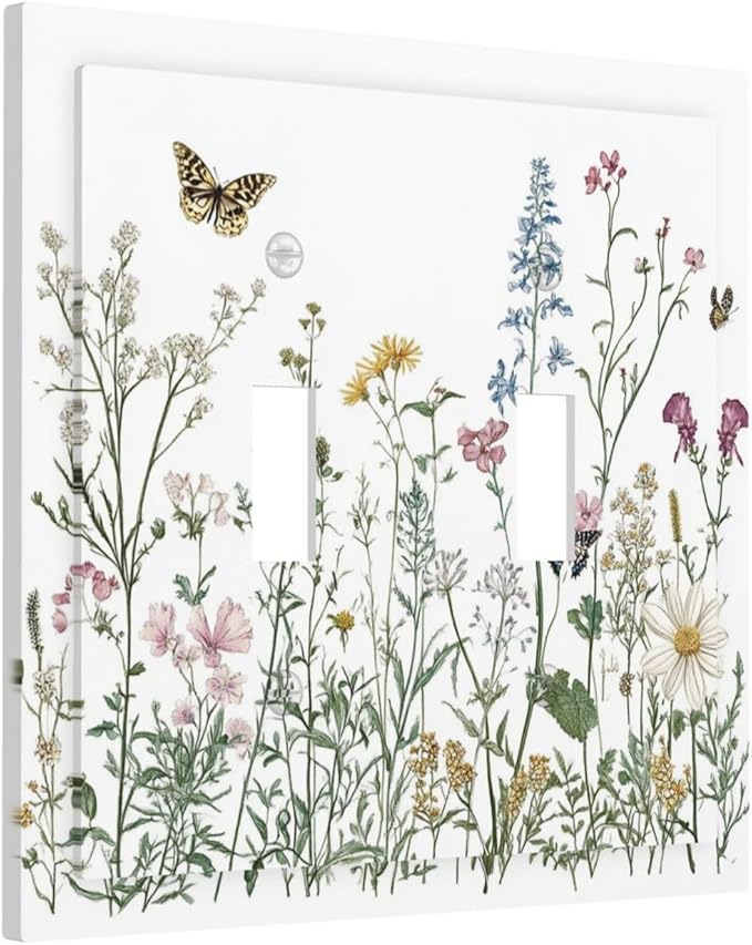 Decorative Switch Plates Rustic Wildflowers Butterfly Colorful Floral 2 Gang Double Toggle Outlet Light Switch Cover Wall Plate Electrical Faceplate For Bed Room Living Room Decor