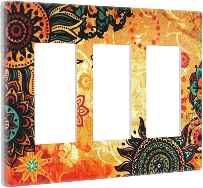 Red Orange Boho Bohemian Flower Floral Triple Decorator Light Switch Cover 3 Gang GFCI/Rocker Wallplate Decorative Electrical Faceplate Switchplate Dimmer Screwless