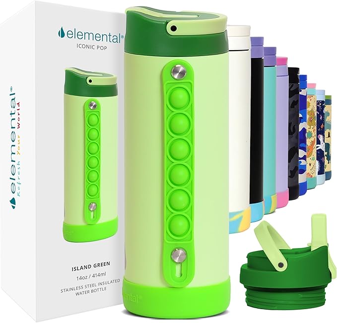 Elemental Iconic Kids Water Bottle for School - 100% Leak-Proof Insulated Water Bottles with Straw Lid & Pop-It Handle for Boys & Girls - Triple-Wall Insulated & BPA-Free, 14oz – Island Green