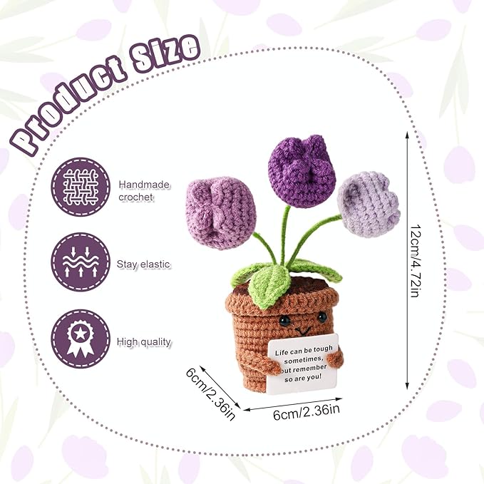 TOYMIS Positive Tulip, Soft Knitted Crochet Tulip with Encouragement Card Inspirational Positive Plant Crochet Flower Wool Doll Emotional Pot Plush Support Gifts for Men Women