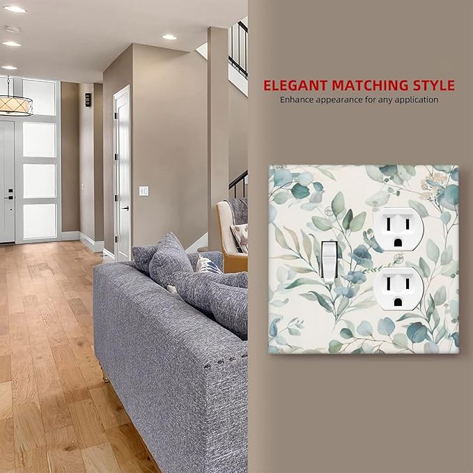 Boho Green White Eucalyptus Leaf Floral Wallplates 1 Toggle 1 Duplex Switch Plate Electrical GFCI Faceplate Decorative Light Switch Covers for Farmhouse Living Room Decor