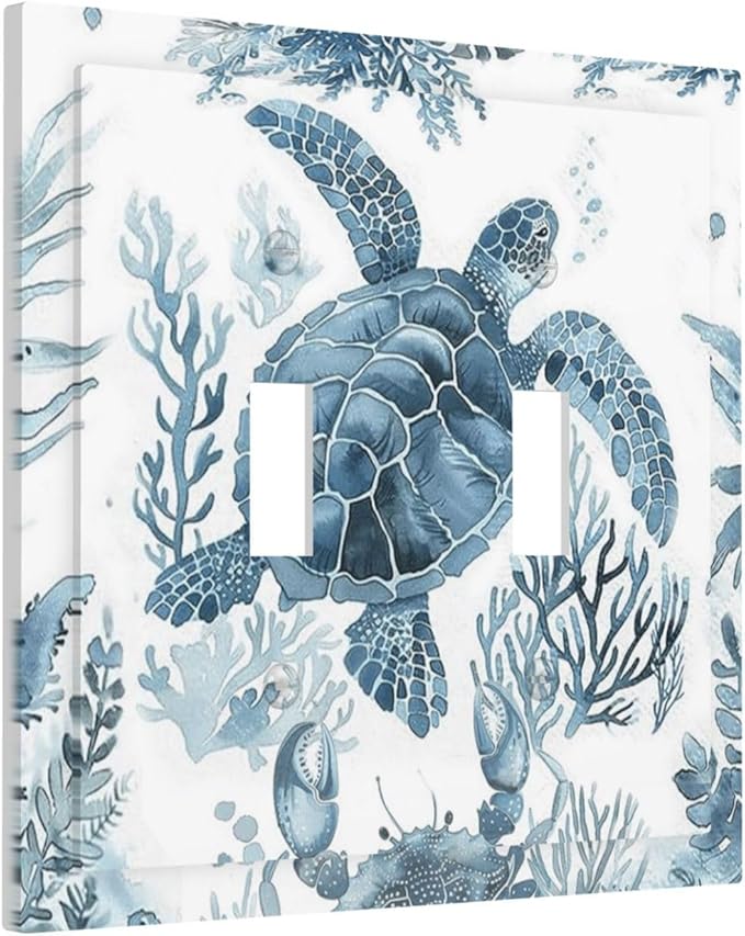 Blue Sea Turtle Coastal Coral Beach Crab Seaweed Decorative Switch Plates 2 Gang Double Toggle Outlet Light Switch Cover Wall Plate Electrical Faceplate for Kids Room Bathroom Decor