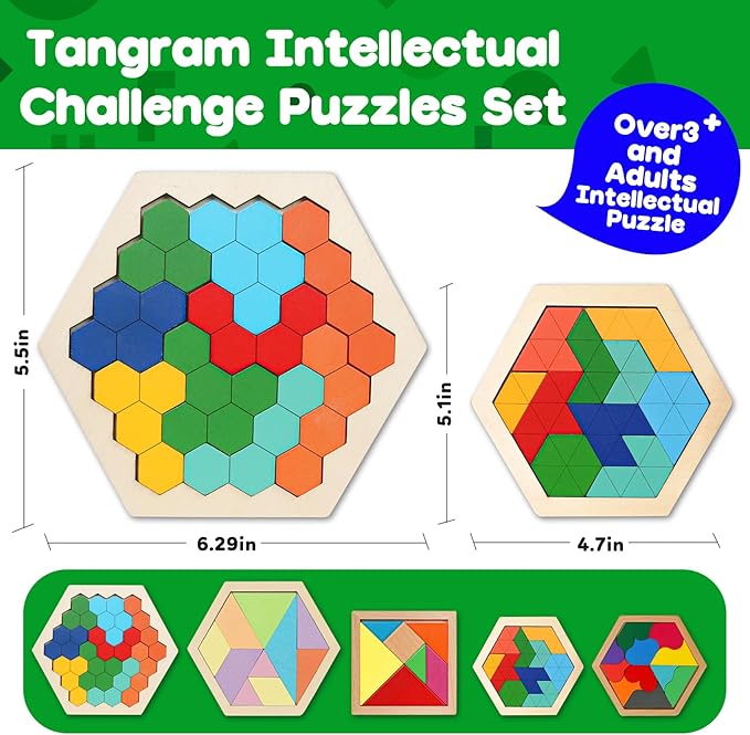 Skrtuan 5 Pack Wooden Puzzles Set - STEM Montessori Educational Board Games and Logic Traning Brain Teaser Geometric Shapes Tangram Puzzle Games for Kids Ages 3+
