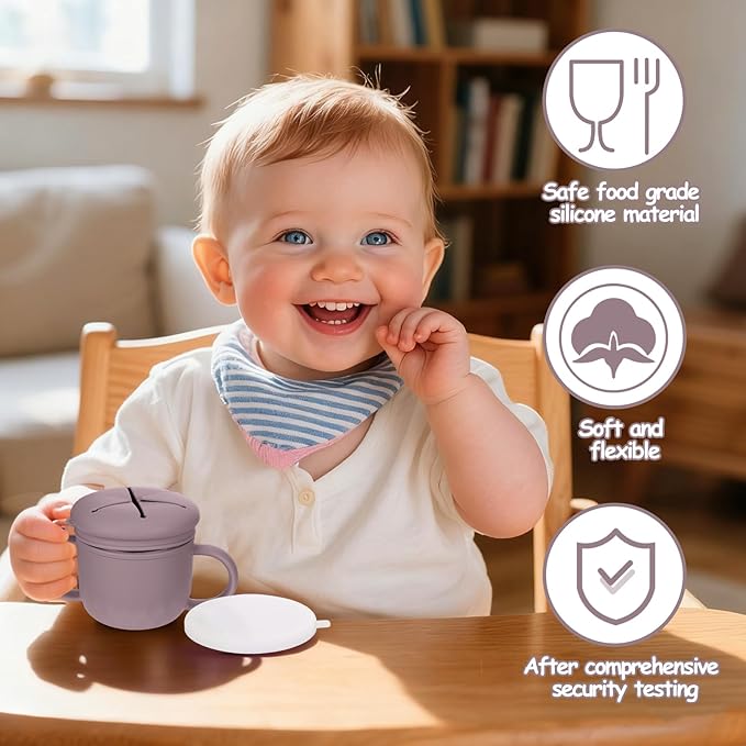 Toddler Snack Containers Stainless Steel Spill-Proof Snack Containers for Toddlers with Spill-Proof Silicone Lids and Handles 4-in-1 Baby Snack Cup is Dishwasher Safe for Easy use On The Go（Purple）