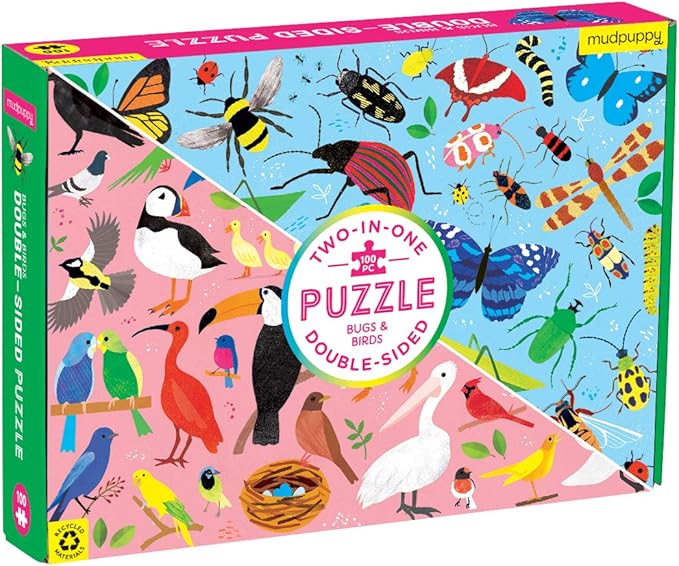 Mudpuppy Bugs and Birds Double-Sided Puzzle, 100 Pieces, 22” x 16.5” – Perfect Family Puzzle for Ages 6+ - Colorful Illustrations of Birds on One Side and Bugs on the Other, Multicolor (0735363749)