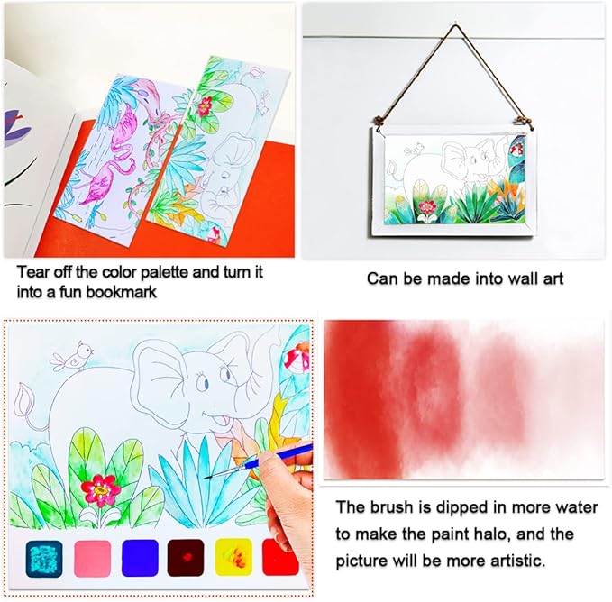 JUNQIU Watercolor Coloring Books for Kids Ages 4-8, Pocket Watercolor Painting Book for Toddlers, Arts and Crafts for Girls Gifts, Stocking Stuffers For Kids
