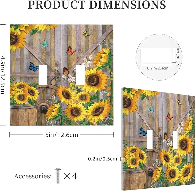 Rustic Sunflower Barn Door Wood Plank Double Toggle Light Switch Covers Decorative 2 Gang Wall Plate Electrical Faceplate Switchplate for Farmhouse Bathroom Bedroom Living Room Decor