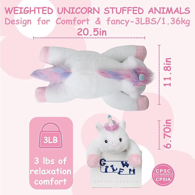 GILFWM Weighted Stuffed Animals Unicorn - 20.5" Cute Toy Pillow Plushie Gifts for Kids Boys Girls & Adults, 3 lbs Soft Washable Plush Pillowfort