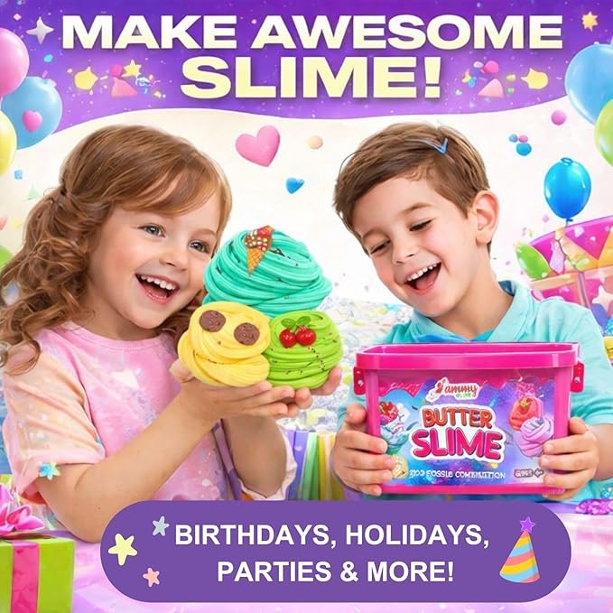 Butter Slime Kit for Girls Ages 8-12, 6 Pack Pre-Made Slime Kit with Charms, Sprinkles, Ice Cream Add-Ins & Storage Case, Soft Non-Sticky Sensory Gift for Kids