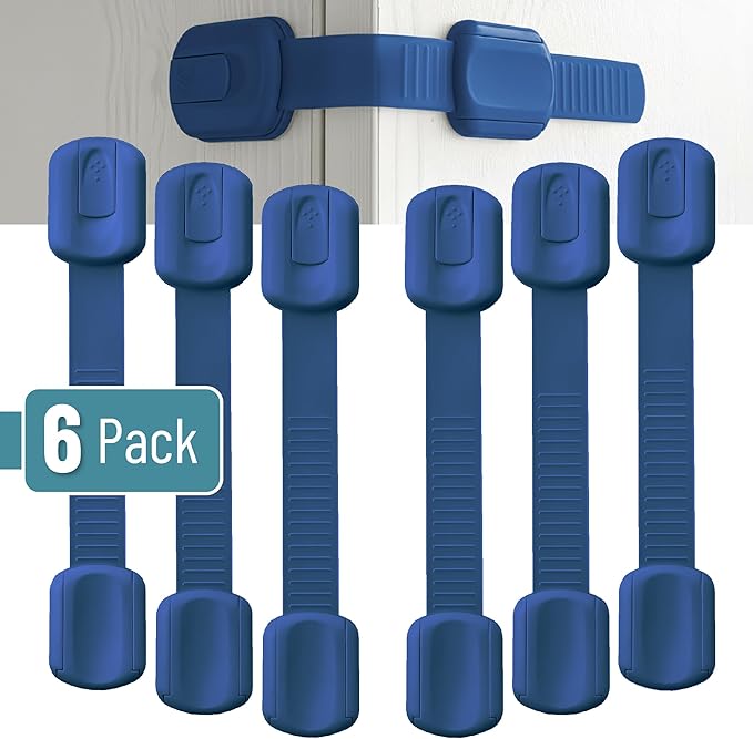 Bate- Child Safety Strap Locks, 6 Pack, Dark Blue, Baby Locks for Cabinets, Drawers, Kitchen, Toilet, Furniture, Fridge, Multi-Purpose, Easy Install with Quick 3M Adhesive for Childproofing