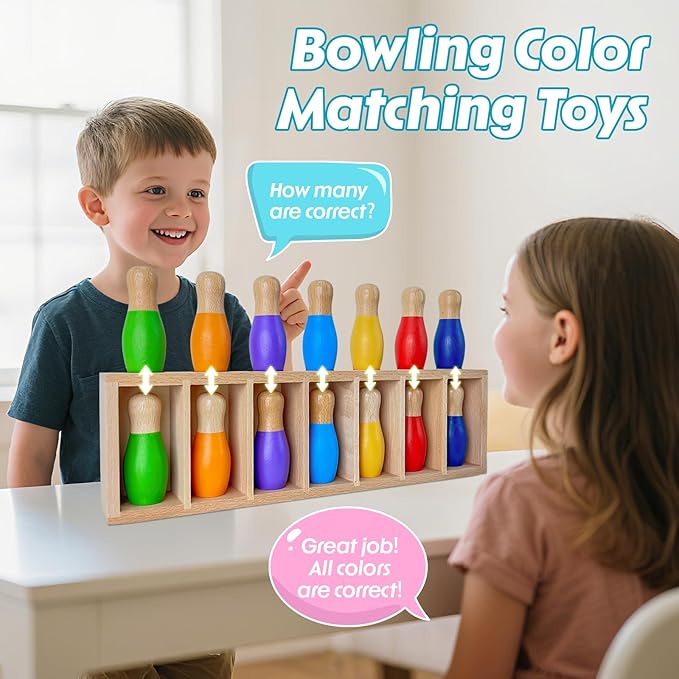 pamexin Family Games for Kids, Wooden Bowling Color Matching Game with 7 Bright Pins and Storage Bag, Family Board Games Party Birthday Gift, Fun Party Game for Boys Girls