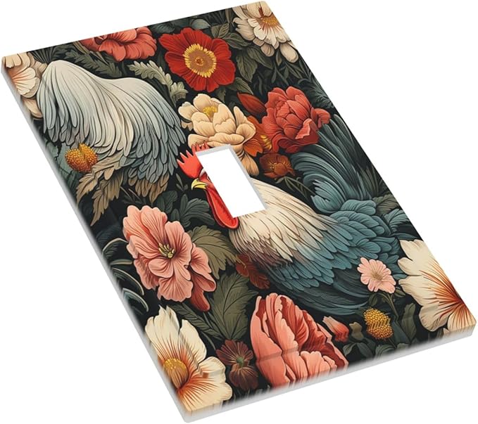 Decorative Light Switch Cover Rooster Flowers Red White Chicken Floral 1 Gang Single Toggle Device Electrical Faceplate Switchplates Decorator Outlet Wall Plate for living Room Farmhouse