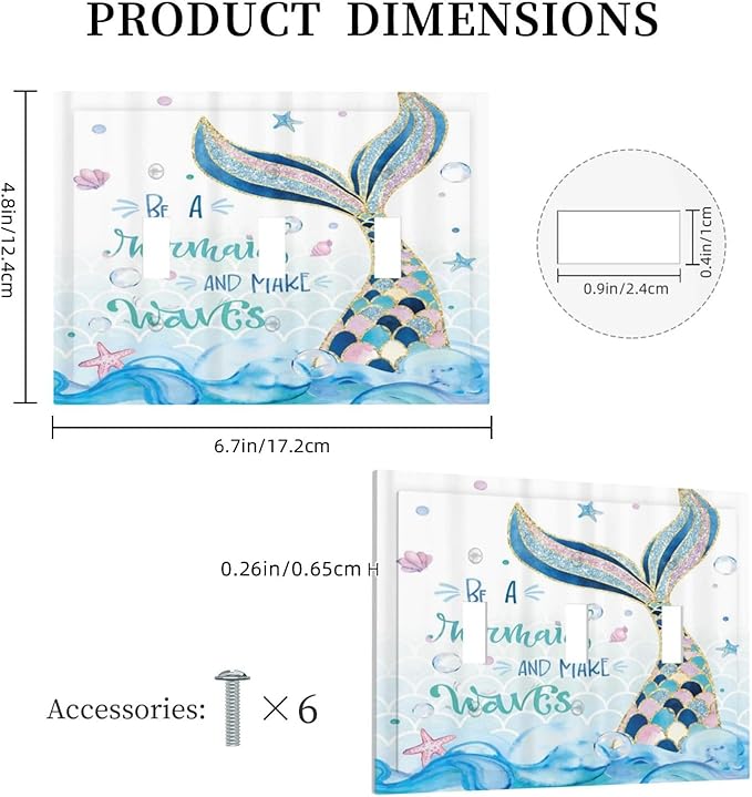 Mermaid Ocean Blue Waves Kids Girl 3 Gang Light Switch Covers Decorative Triple Toggle Wall Plate Electrical Faceplate Switchplate for Kidroom Bathroom Bedroom Home Decor