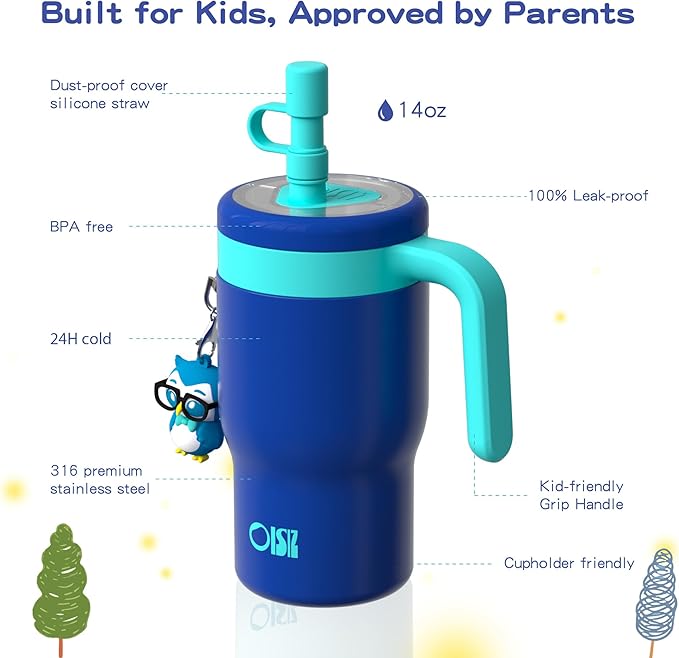 OISIZ 14oz Kids Tumbler with Straw Lid & Handle,Kids Cup with Animal Accessory for School,Kids Water Bottles with Dust-proof Cover,Leakproof Water Bottles,316 Stainless Steel,Keep Cold 24 Hours-blue