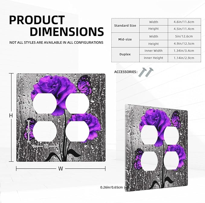 Fashion Purple Gray Blossom Flower Floral Art 2-Gang Device Duplex Wall Plate, Fashion Woman Love Grey Lady Rose Decorative Two Gang Double Duplex Receptacle Socket Outlet and Light Switch Cover Plate