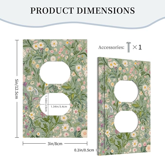 Decorative Outlet Covers with Vintage Wildflowers & Daisies on Light Green Background Design 1 Gang Duplex Light Switch Cover Plate Unique Wall Plates Switchplate Cover