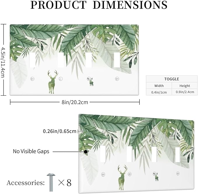 Deer Banana Leaves Palm Trees Green Plants Light Switch Covers Quad Toggle Electrical Faceplate 4 Gang Wall Plate Decorative Switch Plates for Bed Room Living Room Decor