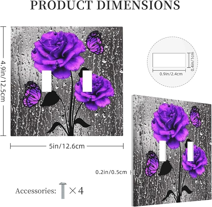 Decorative Purple Rose Butterfly Double Toggle Light Switch Cover, Romantic Lovely Beauty Girly Vibrant Flower 2-Gang Wall Plate Pretty Fashion Woman Electric Receptacle Outlet Switch Face Plate Cover