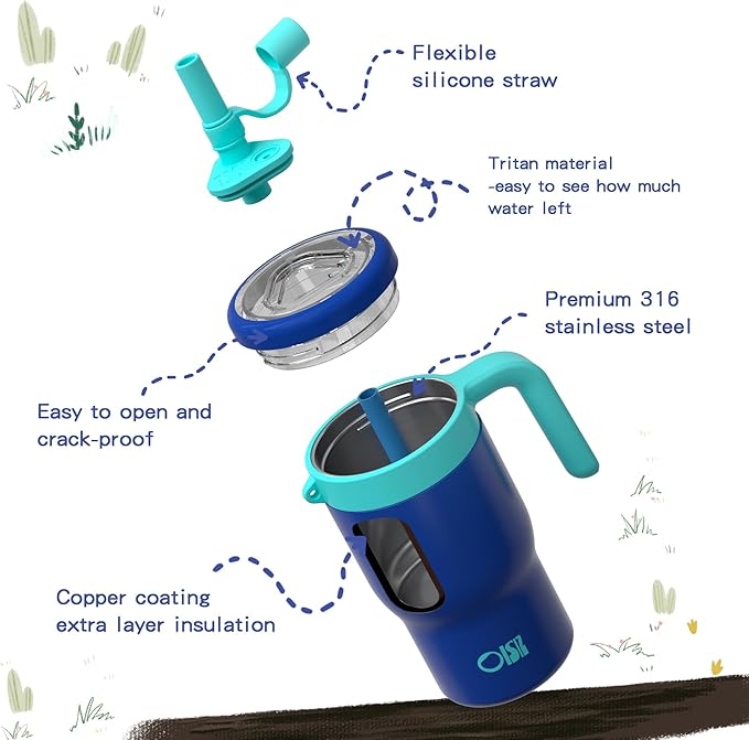 OISIZ 14oz Kids Tumbler with Straw Lid & Handle,Kids Cup with Animal Accessory for School,Kids Water Bottles with Dust-proof Cover,Leakproof Water Bottles,316 Stainless Steel,Keep Cold 24 Hours-blue