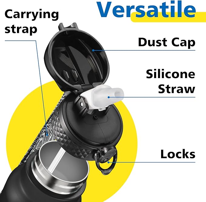 Han's Bottle Sports Water Bottle - 24 Oz, Straw Lid, Leak Proof, Vacuum Insulated Stainless Steel, Double Walled, Thermo Mug,Black