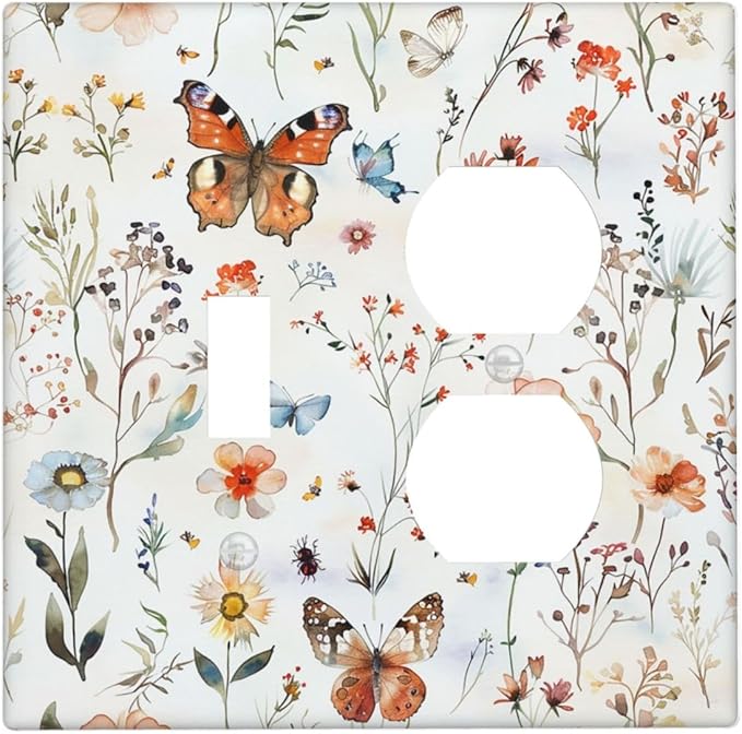 Wallplates Butterfly Floral Boho Multicolor Flower Leave 1 Toggle 1 Duplex Switch Plate Electrical GFCI Faceplate Decorative Light Switch Covers for Bed Room living Room Decor