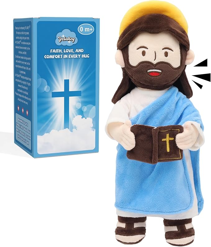 Yelakey Jesus Plush Talking Doll with Halo,Speak 20 Bible Verses & 20 Songs,13.4" Interactive Hymn Stuffed Plushie Perfect Religious Gift for Kids Sunday School & Easter Celebrations