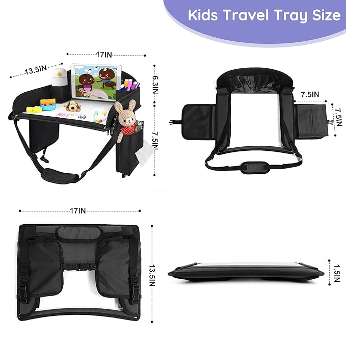 Kids Travel Tray, 2Pcs Kids Travel Trays for Car Seat, Road Trip Essentials for Toddler, Carseat Lap Tray with Dry Erase Board & Storage Organizer for Road Trip Activities for Kid, Black