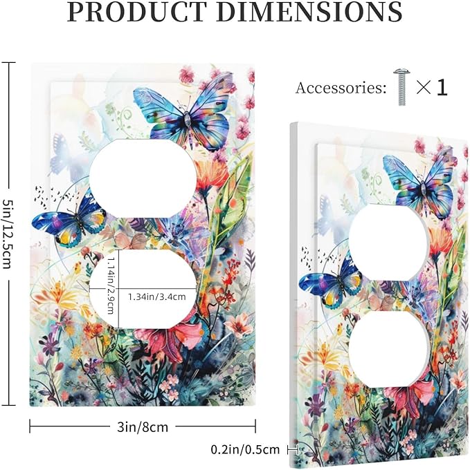 Decorative Outlet Covers Watercolor Colorful Floral Butterflies Wildflowers 1 Gang Duplex Light Switch Cover Plate Electrical Switch plates Wall Plates Receptacle Covers for Bathroom Bedroom