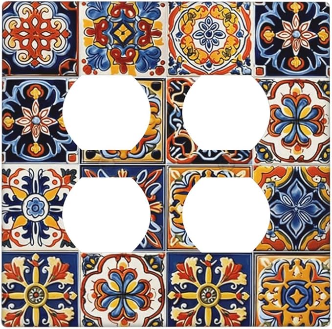 Mexican Talavera Tiles Flower Vintage Outlet Covers 2 Gang Double Duplex Decorative Light Switch Covers Electrical Wallplates Socket Faceplate for Kitchen Bathroom Decor