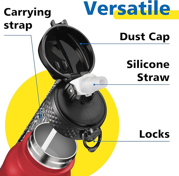 Han's Bottle Sports Water Bottle - 32 Oz, Straw Lid, Leak Proof, Vacuum Insulated Stainless Steel, Double Walled, Thermo Mug,Red