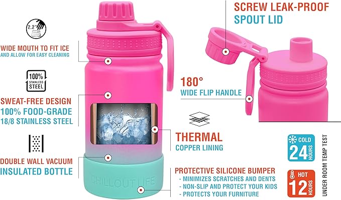 CHILLOUT LIFE 12 oz Kids Insulated Water Bottle for School with Leakproof Spout Lid and Cute Waterproof Stickers, Personalized Stainless Steel Thermos Flask Metal Water Bottle for Girls & Boys