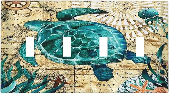 Nautical Ocean Map Tortoise Turtle 4 Gang Device Light Switch Cover Decorative Quad Toggle Wall Plate Decorative Electrical Faceplate for Home Bedroom Art Decorate