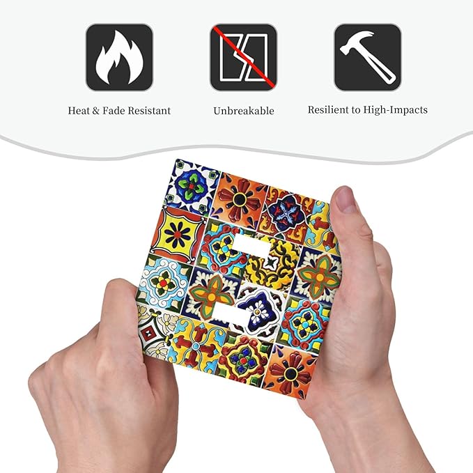 Yellow Vintage Mexican Moroccan Talavera Tile 2 Gang Outlet Light Switch Cover Orange Boho Mosaic Ceramics Tiles Double Toggle Electrical Outlet Covers Decorative Dual Device Switch Face Wall Plate