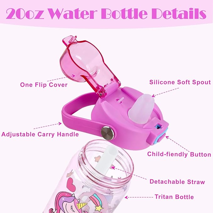 Queenshin Girls Unicorn Water Bottle for School 20oz BPA-Free Tritan Outdoor Kids Sports Water Cup Leak Proof with Straw Lid Handle Pop-Up Spout Cover