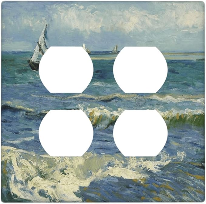 Nautical Ocean Waves Sailboat Painting Blue Sky Outlet Covers 2 Gang Double Duplex Decorative Light Switch Covers Electrical Wallplates Socket Faceplate for Bathroom Bedroom Decor