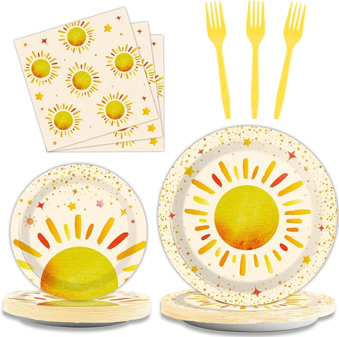 96 Pieces First Trip Around The Sun Decorations Sunshine Birthday Party Plates Boho Sun Disposable Plates Napkins Folks Paper Tableware Set for 1st Trip Around The Sun Birthday Girls Boys Supplies