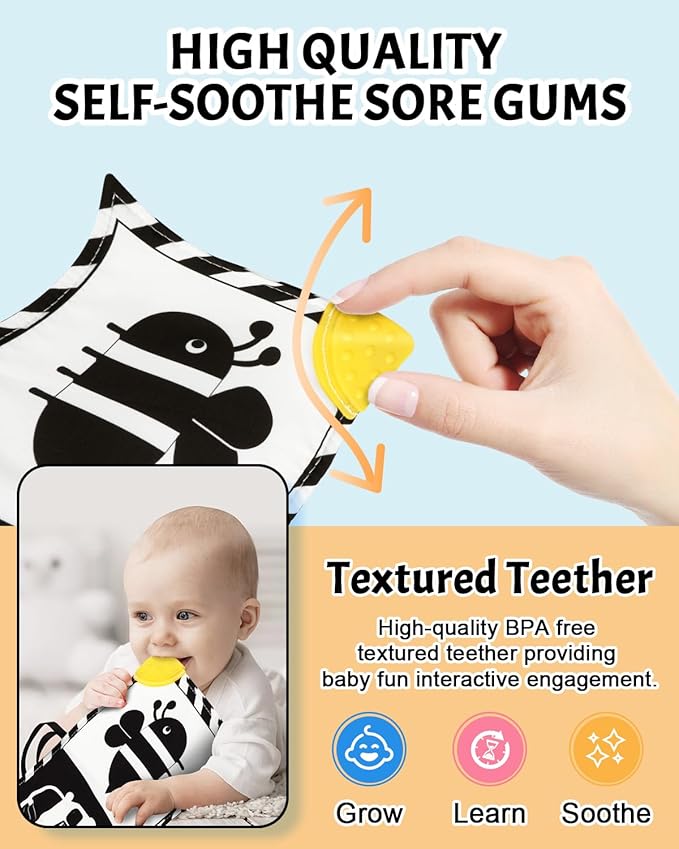 Baobrava High Contrast Baby Toys, Black and White Newborn Toys for Brain Development, Soft Baby Books, Infant Sensory 0-6-12 Months, Tummy Time Toy, Visual Stimulation Montessori Gift